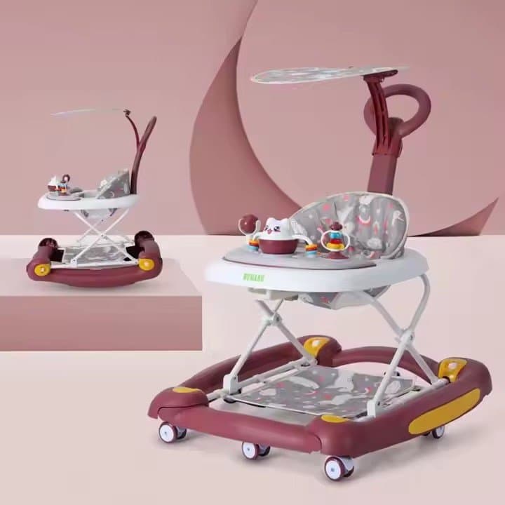 Premergator pentru bebelusi Little Mom, multifunctional cu maner parental, sistem de balansare, Muzica, roti silentioase, cu perna de sezut si copertina detasabila, dimensiune 54 x 17 x 86 cm, Red