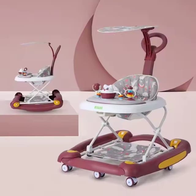 Premergator pentru bebelusi Little Mom, multifunctional cu maner parental, sistem de balansare, Muzica, roti silentioase, cu perna de sezut si copertina detasabila, dimensiune 54 x 17 x 86 cm, Red