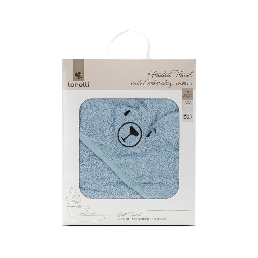 Prosop de baie cu gluga si broderie 90 x 90 cm din bumbac 0 luni+ Soft Blue