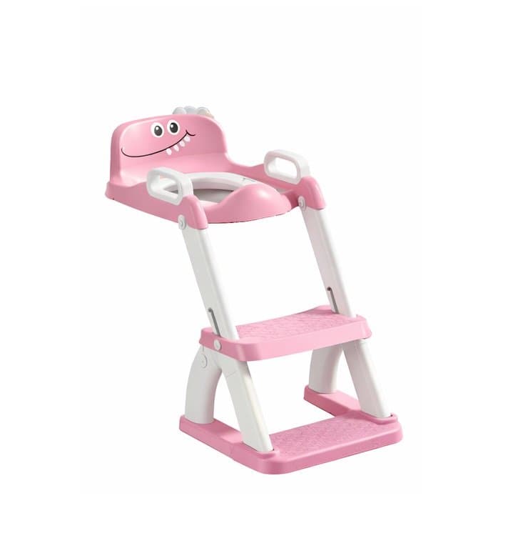Reductor de toaleta pentru copii Little Mom Dino pink, colac din PVC, design pliabil, robust si stabil, manere ergonomice, design anti-stropire, dimensiune 42 x 33.2 cm