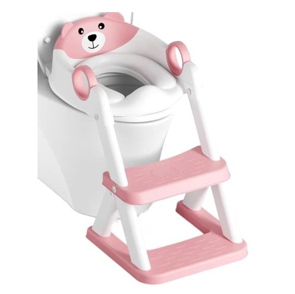 Reductor de toaleta pentru copii Little Mom Pink Teddy Bear, colac din PVC, design pliabil, robust si stabil, ajustabil pe 6 nivele de inaltime, manere ergonomice, design anti-stropire, dimensiune 38 x 34 x 59 cm