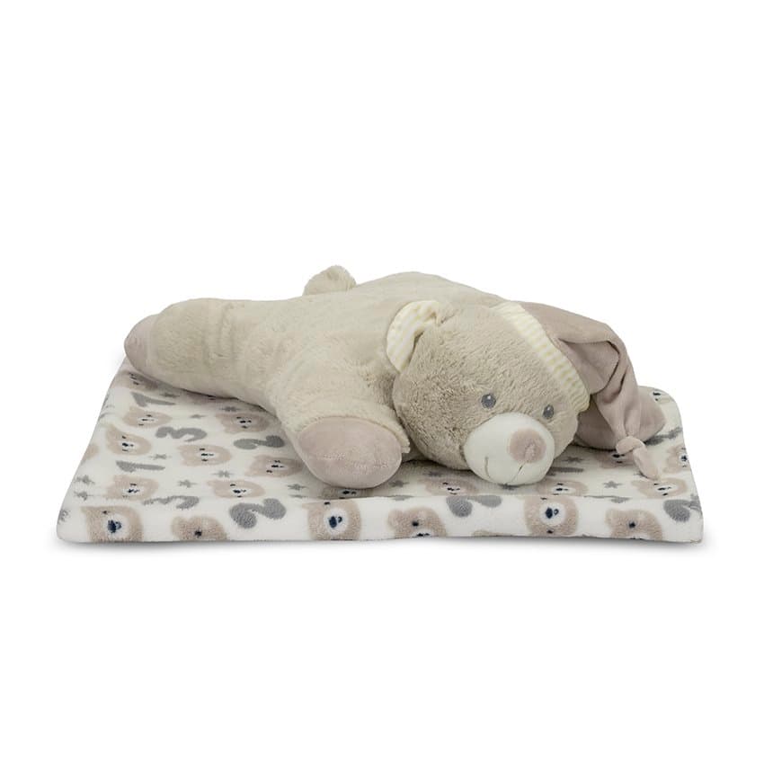 Set 2 piese, paturica moale 90 x 75 cm, pernuta in forma de ursulet 45 x 30 cm Poffy Beige 0 luni+