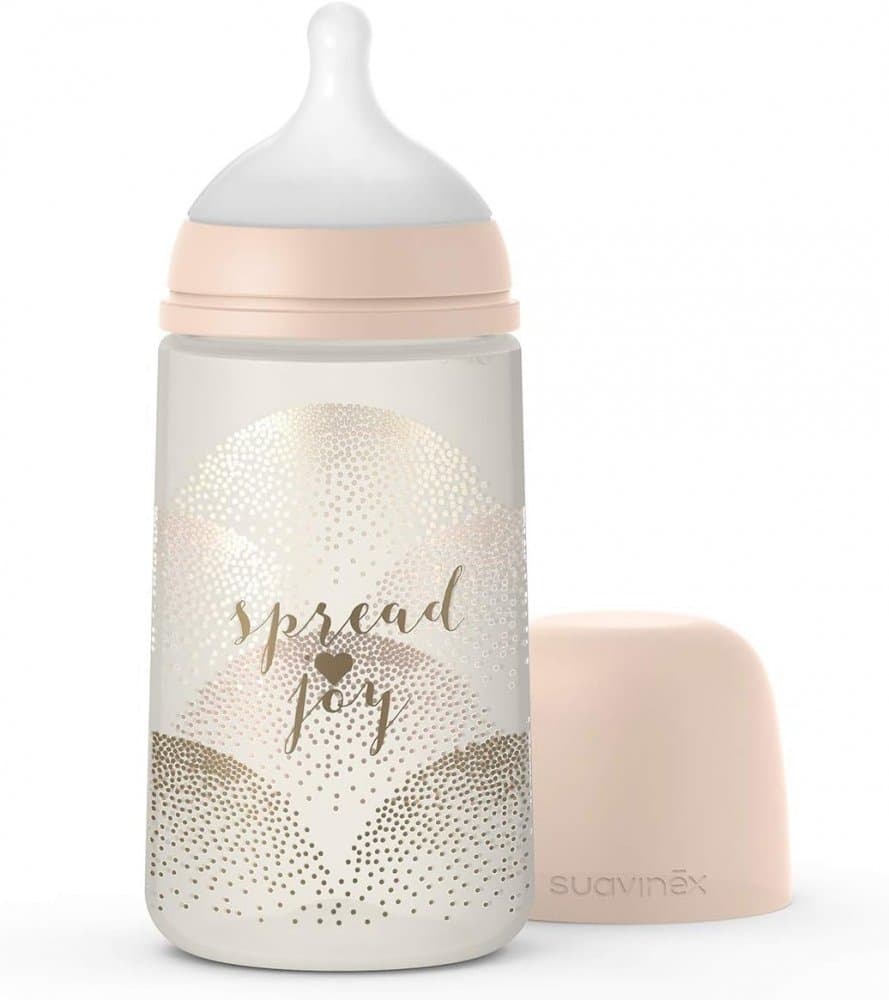 Set biberon 270 ml cu tetina SX Pro cu debit mediu + suzeta SX Pro + clema pentru suzeta Spread Joy bej Suavinex