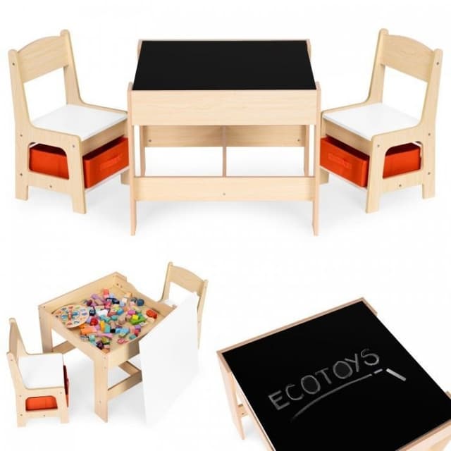 Set masa cu doua scaune pentru copii Ecotoys Natur cu spatiu pentru depozitare, tabla si creta