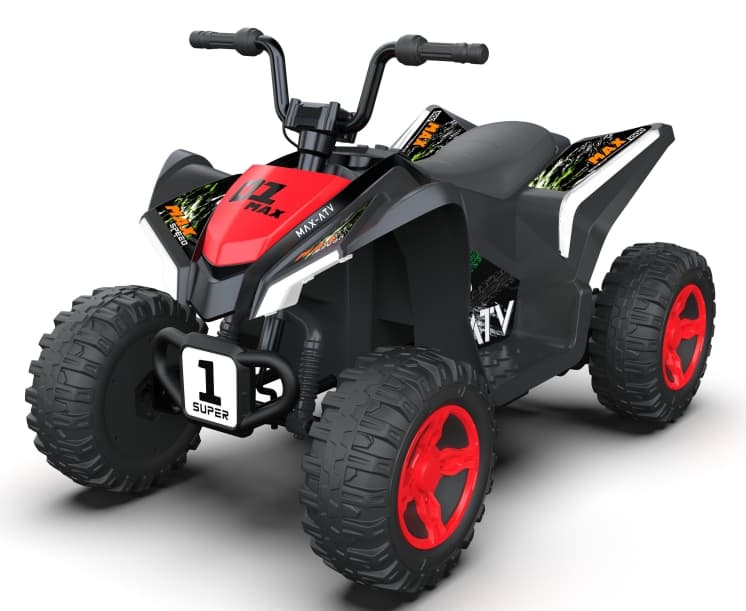 Atv electric pentru copii Nichiduta SuperMax Red cu echipare premium,acumulator 24V,motor 2x65w,acceleratie pe ghidon, benzi luminoase integrate pe caroserie,usbbluetooth,incarcator inclus
