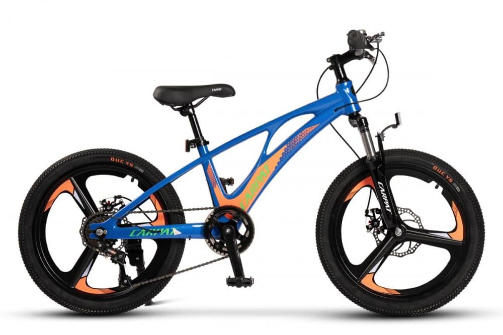 Bicicleta pentru copii Mountain Bike Carpat AlbastruPortocaliu 20 inch, schimbator spate Gilong 7 viteze, schimbator fata rotativ, frana disc fataspate, cadru aluminiu, furca supensie, roti 3 spite magneziu
