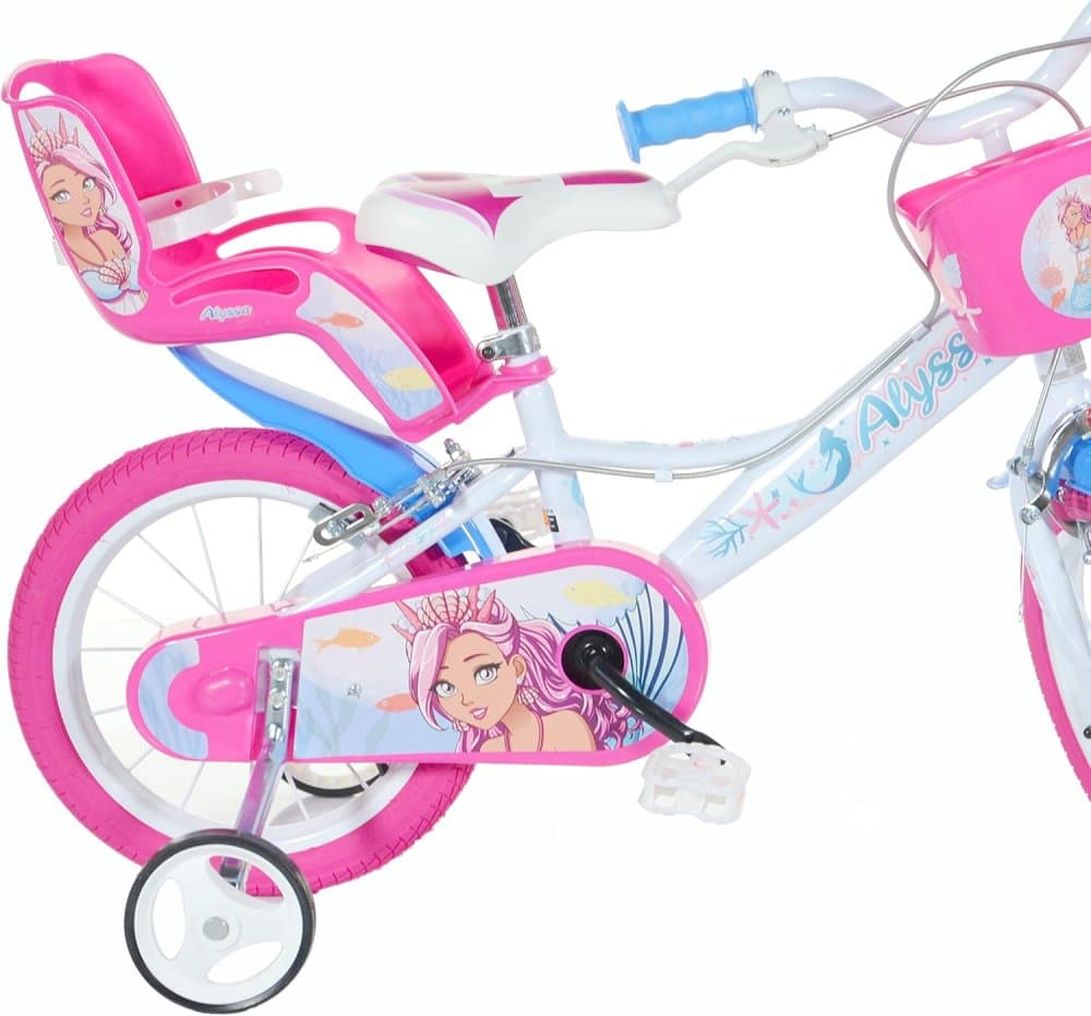 Bicicleta pentru copii Dino Bikes Alyssa 12 inch, inaltime recomandata 85-105 cm, sa si ghidon ajustabile, cosulet pentru papusi si accesorii