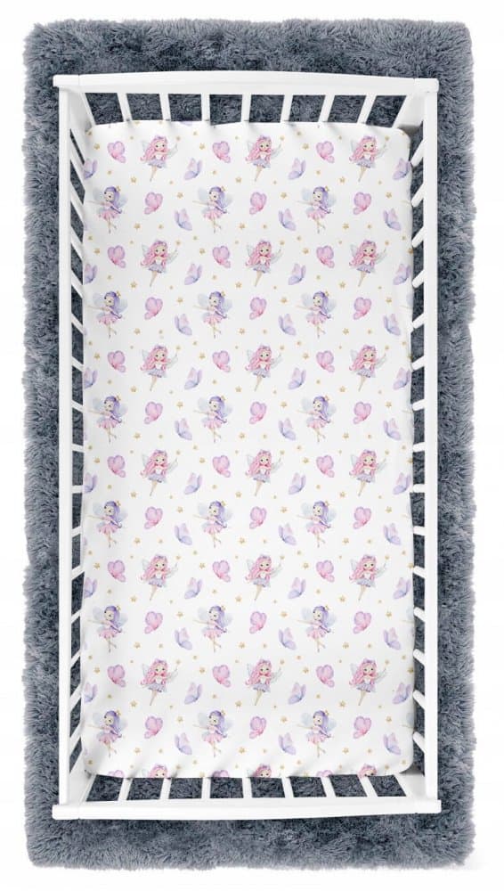 Cearceaf cu banda elastica pentru pat copii, dimensiune 120 x 60 cm, 100 bumbac, BabyMam Fairies