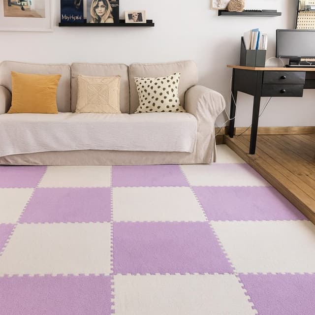 Covoras puzzle pufos 61.5x61.5x1.7 cm, spuma eva, set 2 piese culoare light purple