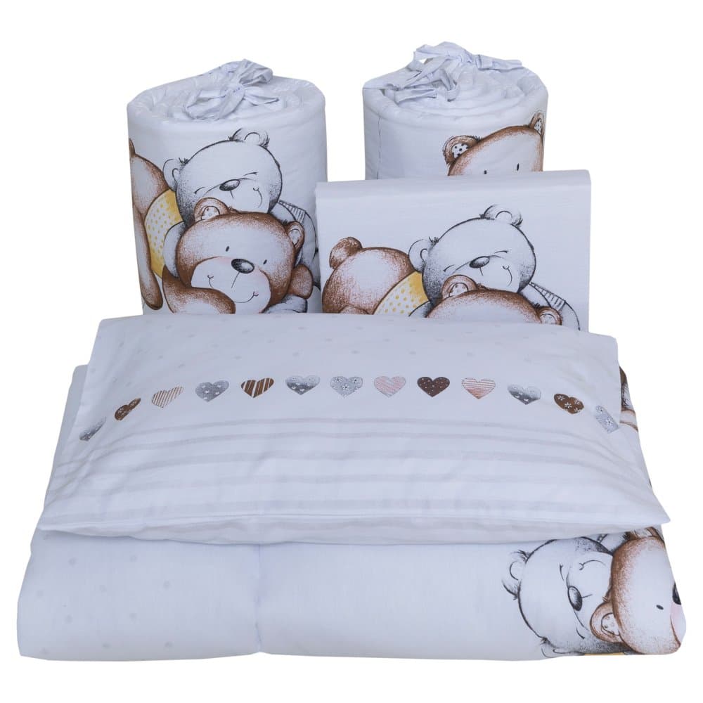 Lenjerie din bumbac cu 3 piese 120x60 cm fete de schimb Beberoyal Teddy BearHearts Alb