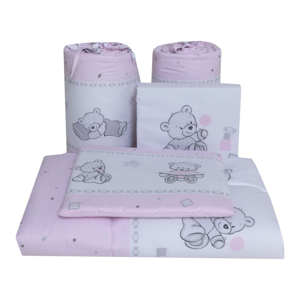 Lenjerie din bumbac cu 3 piese pentru saltea 140x70 cm Beberoyal BearsToys Roz