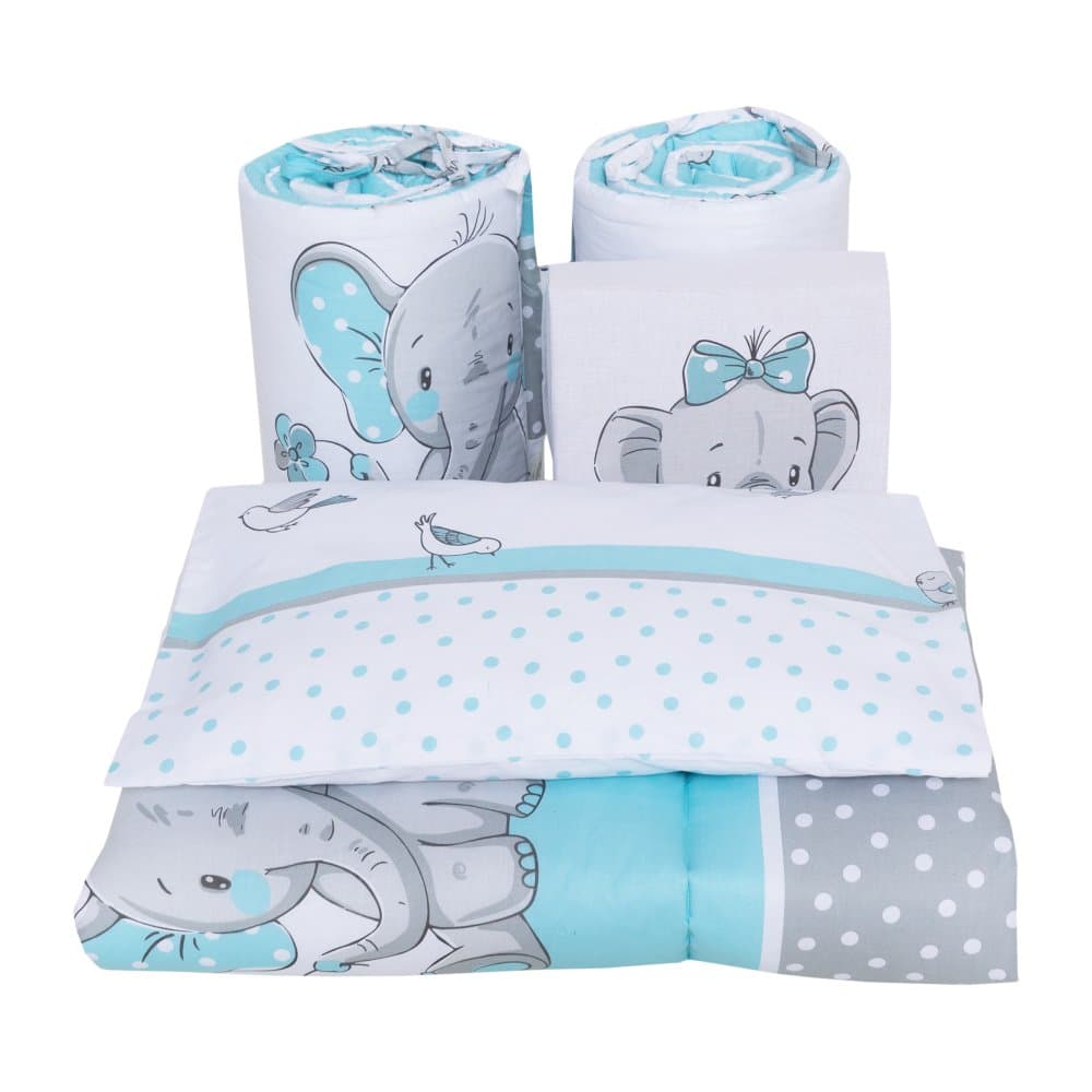 Lenjerie din bumbac cu 5 piese pentru saltea 120x60 cm Beberoyal ElefantBirds Blue ambalata intr-o gentuta de transport
