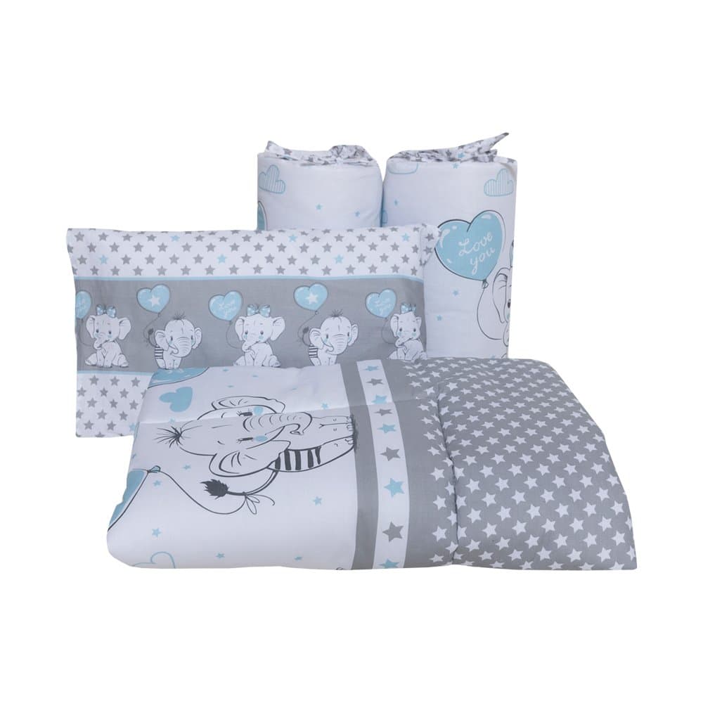 Lenjerie din bumbac cu 8 piese pentru saltea 120x60 cm Beberoyal Love Elephants Blue