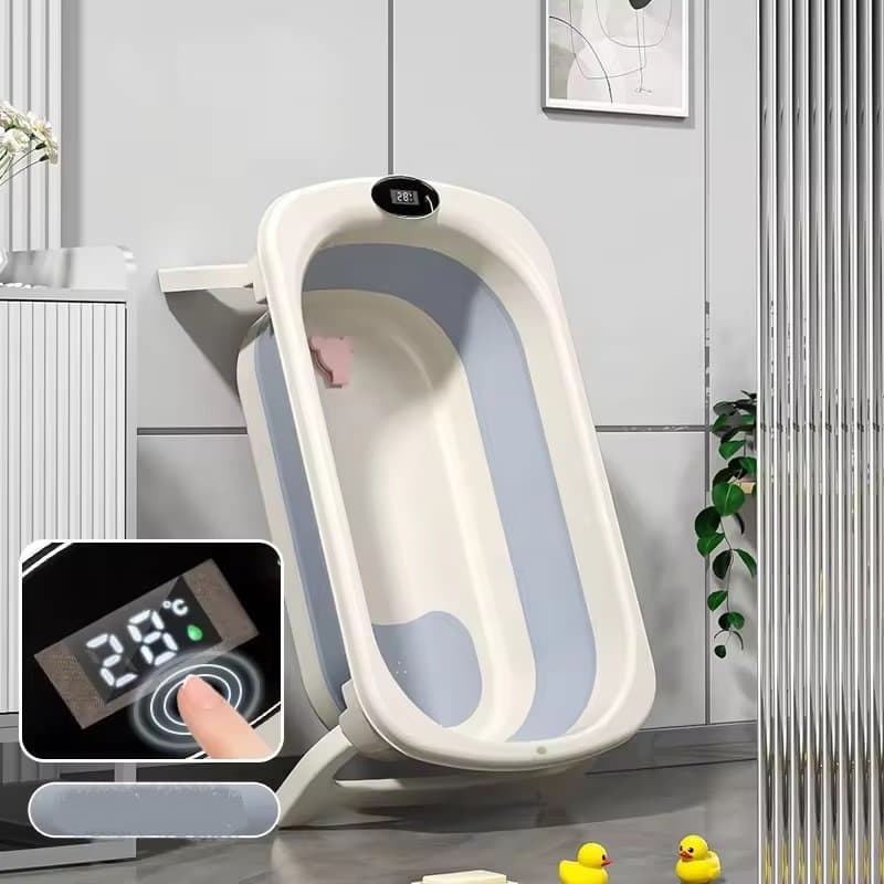 Cadita pliabila pentru copii Little Mom Blue, termometru inteligent cu afisaj digital, dop pentru evacuarea apei, suport cap de dus, antiderapant, dimensiune 83 x 50 x 25 cm