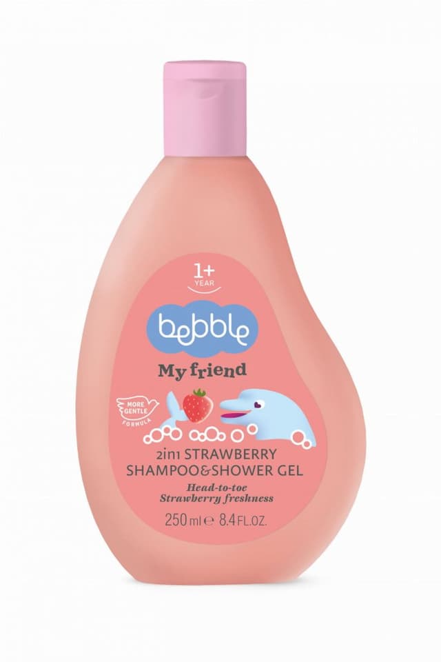Gel de dus si sampon 2in1 pentru copii, Bebble Strawberry, cu vitamina B3, panthenol, cantitate 250 ml