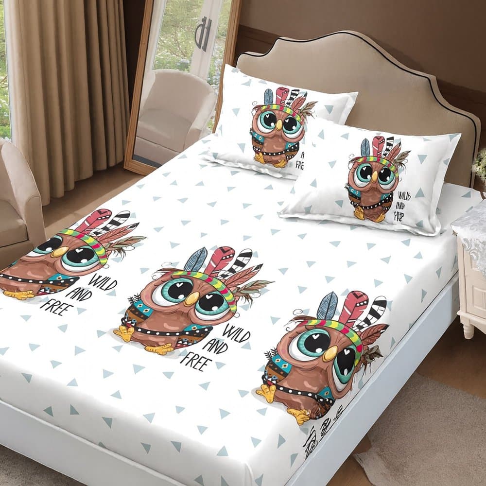 Cearceaf de pat cu elastic Somnart din finet cu imprimeu bufnite, pentru saltea de 160 x 200 cm cu 2 fete de perna