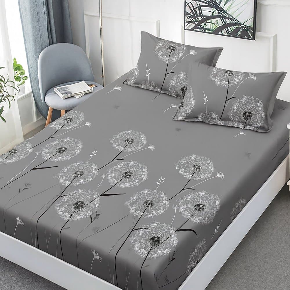 Cearceaf de pat cu elastic Somnart din finet cu imprimeu papadii gri, pentru saltea de 160 x 200 cm cu 2 fete de perna