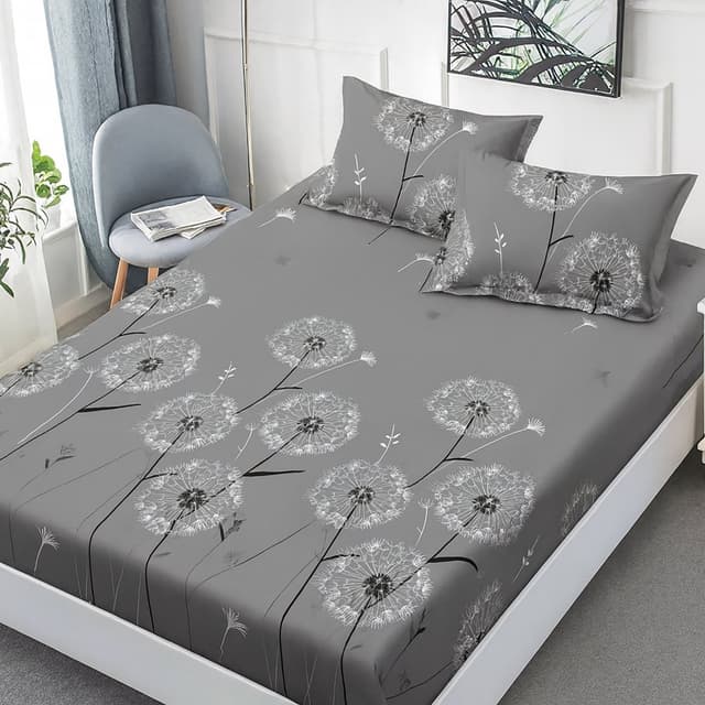 Cearceaf de pat cu elastic Somnart din finet cu imprimeu papadii gri, pentru saltea de 160 x 200 cm cu 2 fete de perna