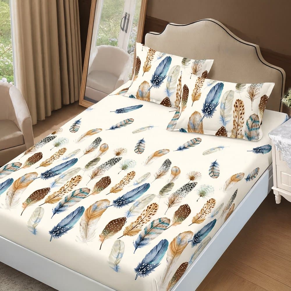Cearceaf de pat cu elastic Somnart din finet cu imprimeu pene colorate, pentru saltea de 160 x 200 cm cu 2 fete de perna