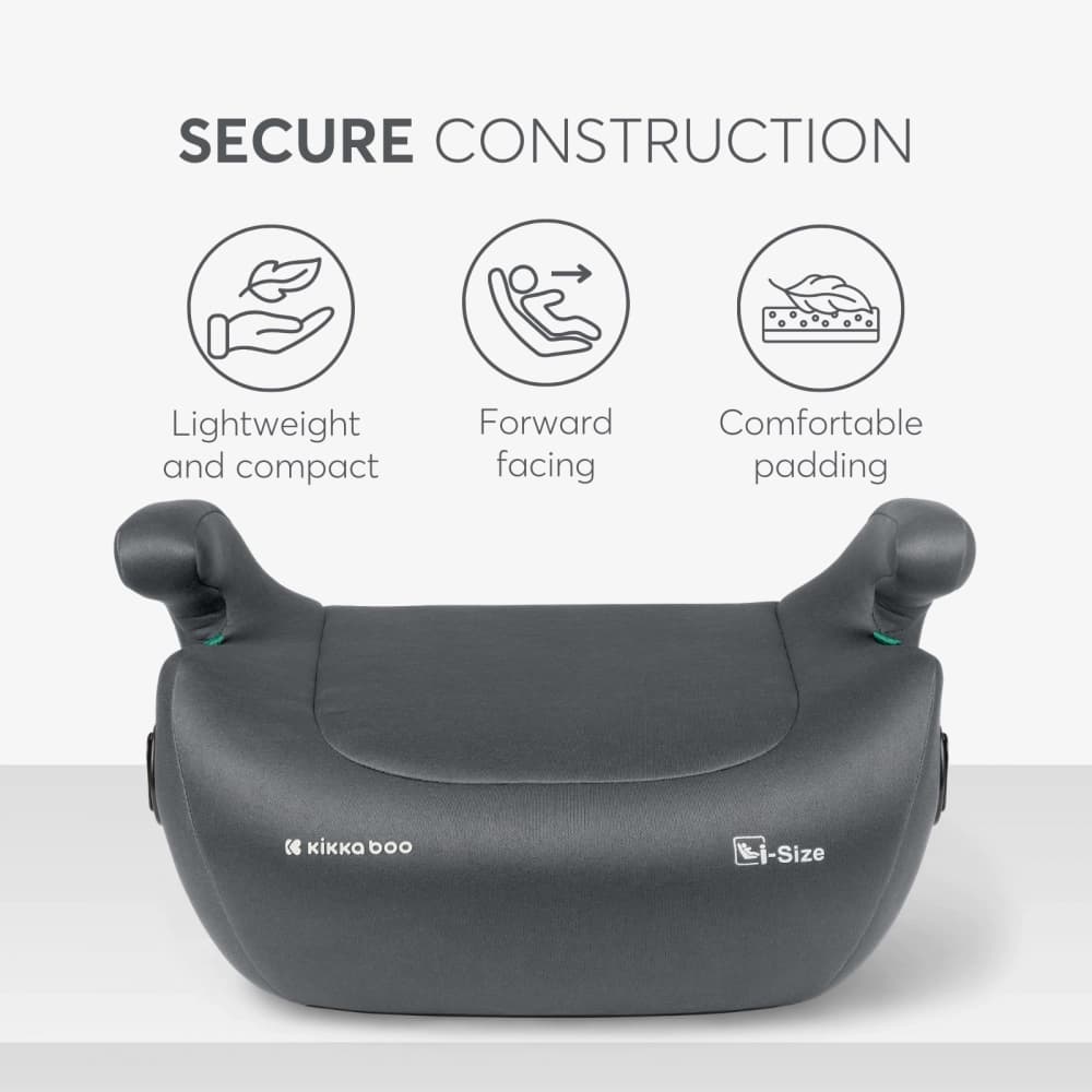 Inaltator auto cu isofix Kikkaboo i-Tip 2 i-SIZE Dark Grey 125-150 cm, suport pahar inclus, centura de ghidaj, husa lavabila, cotiere, certificat R129