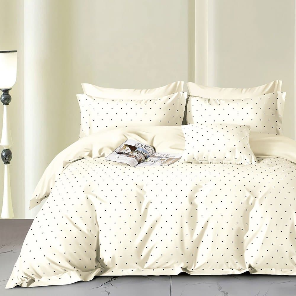 Lenjerie de pat Somnart Percale cu 4 piese, cearceaf pat clasic 240 x 260 cm, cearceaf pilota 200 x 230 cm si 2 fete perna 50 x 70 cm model cu buline
