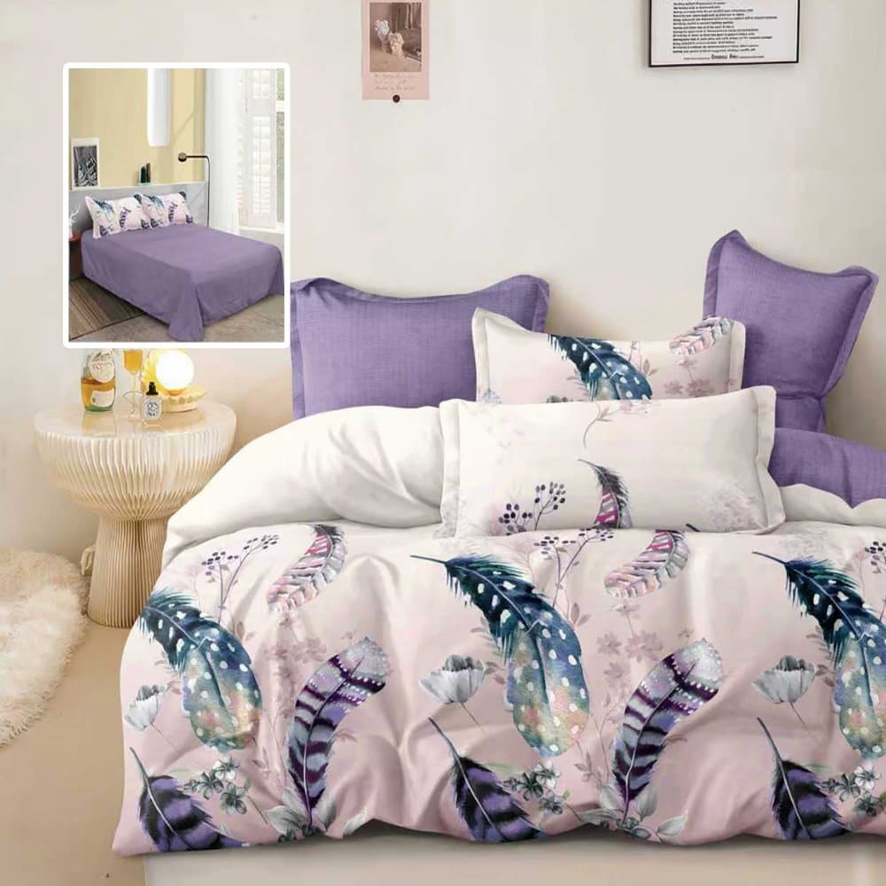 Lenjerie de pat din finet cu 6 piese, cearceaf pat clasic, cearceaf pilota 200 x 230 cm, 2 fete perna 50 x 70 cm si 2 fete perna 70 x 70 cm model mov cu pene