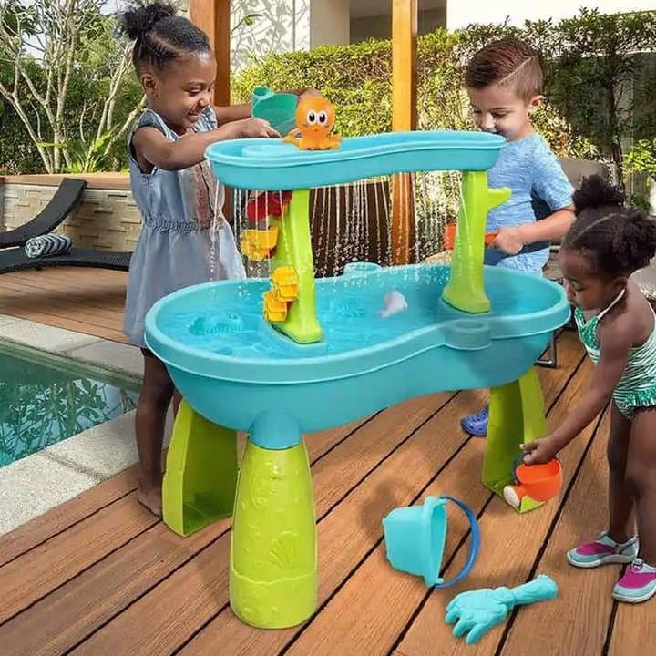 Masuta de joaca cu apa si nisip Matadi Play Time cu 18 accesorii incluse,nivel cu efect de ploaie,angrenaj mobil pentru efect cascada,dimensiune 62x37x57 cm