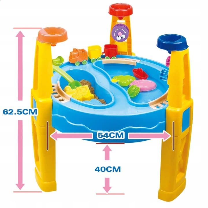 Masuta de joaca cu apa si nisip Matadi Sand and Water cu 2 compartimente,angrenaje mobile,cale ferata cu 3 vagoane,ustensile si forme de nisip incluse,dimensiune 54x62,5 cm