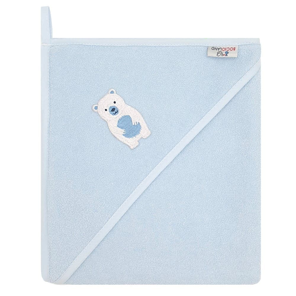Prosop de baie pentru copii Bocioland Blue Polar bear 100x100 cm,din bumbac 100, prevazut cu capison decorat cu broderie vesela