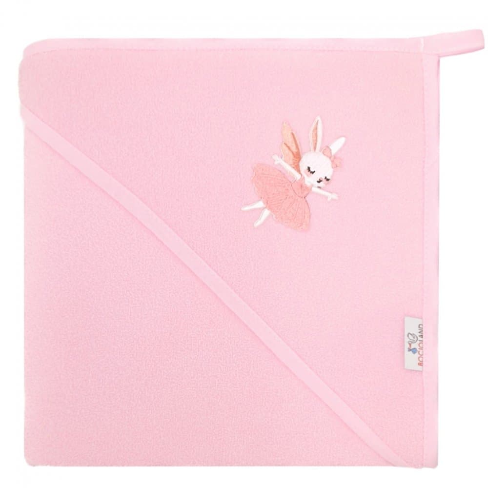 Prosop de baie pentru copii Bocioland Pink Wolf 100x100 cm,din bumbac 100, prevazut cu capison decorat cu broderie vesela