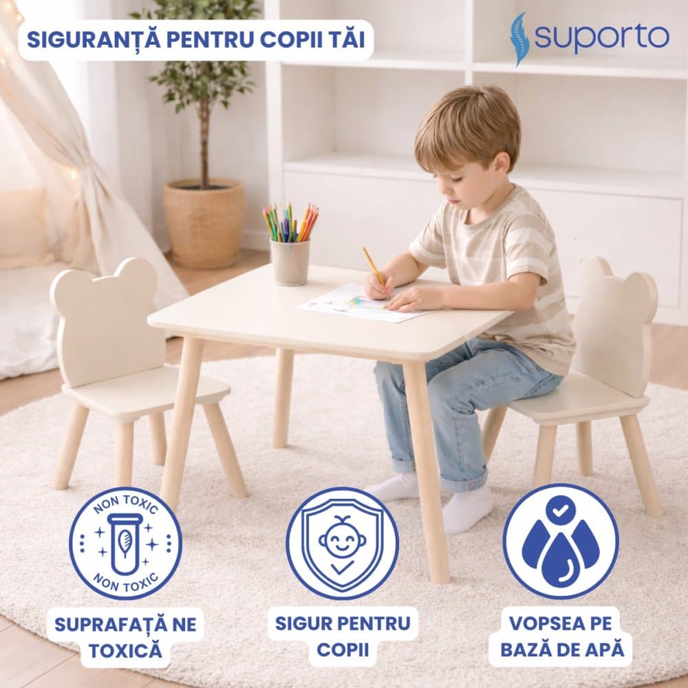Set masa si 2 scaune pentru copii Suporto Crem din lemn MDF, scaun in forma de ursulet, varsta 3-6 ani, cu margini rotunde