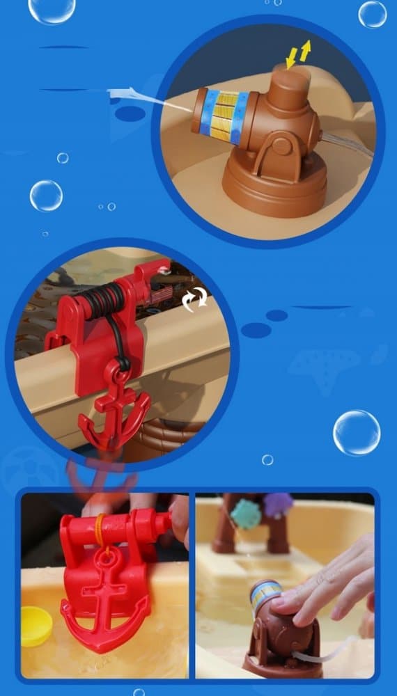 Set masuta de apanisip cu umbrela pentru copii Matadi Nava Piratilor XXL,jucarii incluse,picioare robuste, aparat baloane sapun inclus,moara de apa