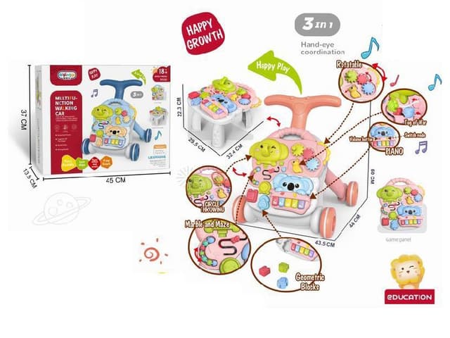 Antepremergator multifunctional 3 in 1 pentru copii Malplay Blue, cu pian muzical, angrenaje rotative, sortator de forme