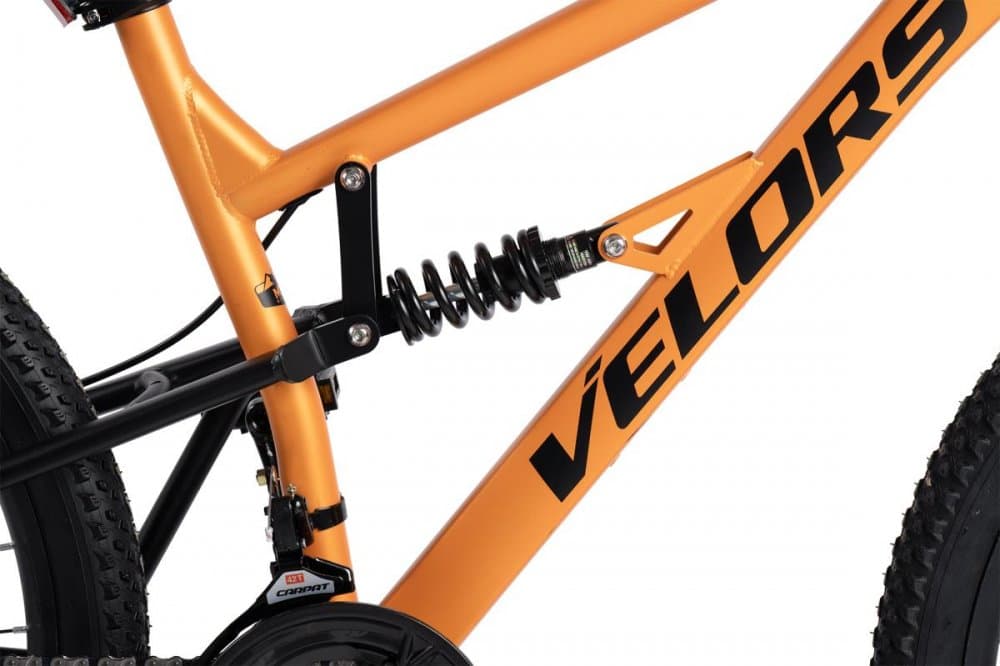 Bicicleta MTB-Full Suspension Velors Trail V24271D PortocaliuNegru 24 inch, echipare Shimano, 21 viteze, manete secventiale, frane disc mecanice