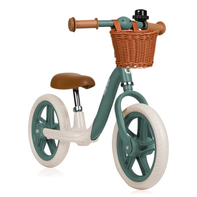 Bicicleta fara pedale, Lionelo, Alex Plus, Usoara, Cu ghidon si sa reglabile, Include cos depozitare si sonerie, Din otel, Cu roti din spuma EVA, 12 inch, Green Forest