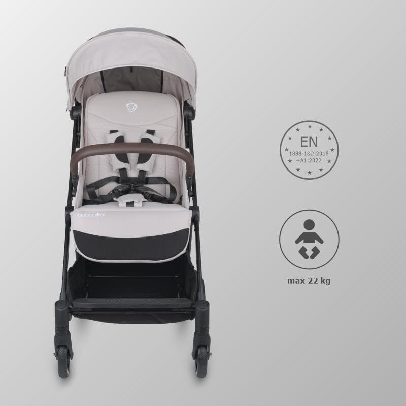 Carucior sport autofold Coccolle Melia Pearl Mist, cadru aluminiu anodizat, copertina XXL cu protectie UV 50+, pozitie verticala dupa pliere, certificat pana la 22 kg