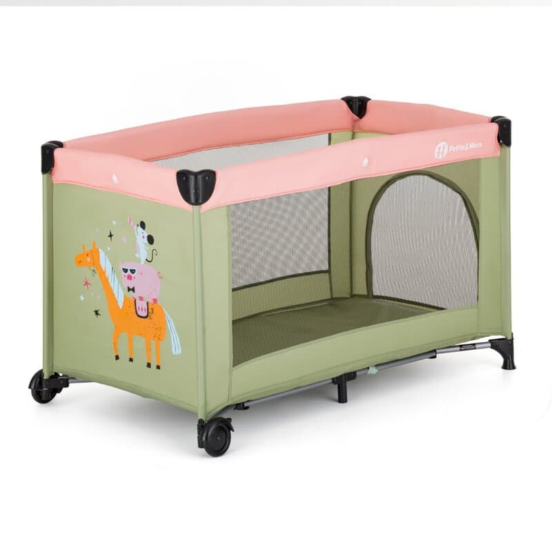 Patut pliabil pentru copii PetiteMars Koot Boho 120x60 cm cu roti, functie de tarc, pliere compacta, include geanta de transport, intrare laterala cu fermoar, greutate admisa 15 kg, 0-30 luni
