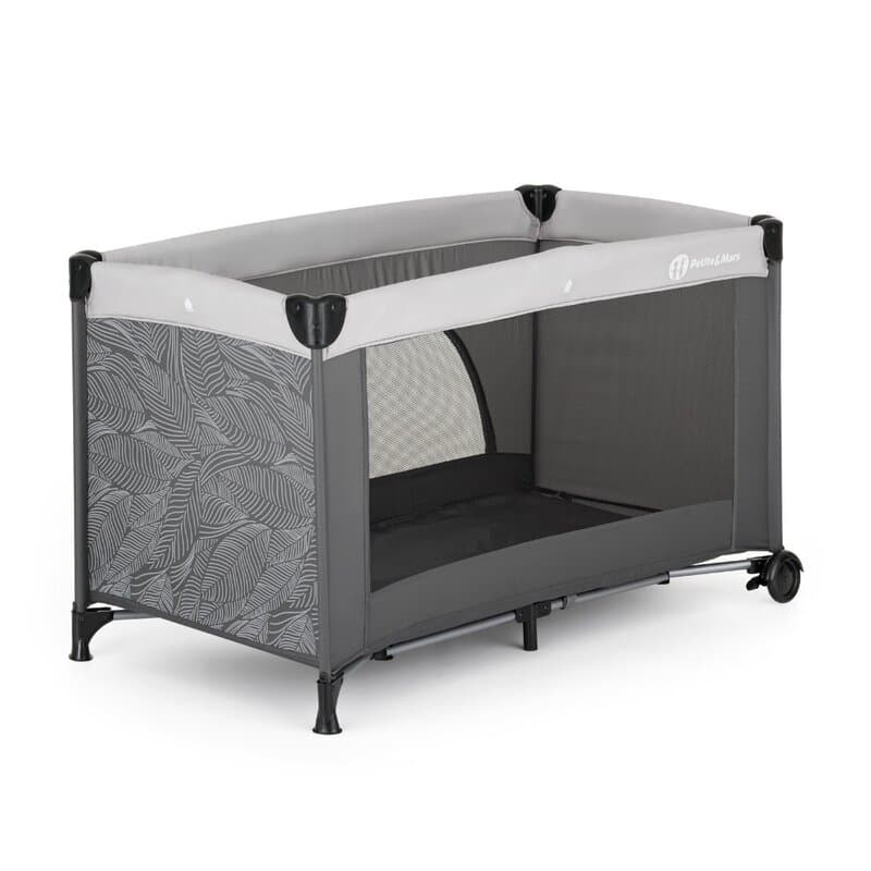 Patut pliabil pentru copii PetiteMars Nyja gri 120x60 cm cu roti, functie de tarc, pliere compacta, include geanta de transport, intrare laterala cu fermoar, greutate admisa 15 kg, 0-30 luni