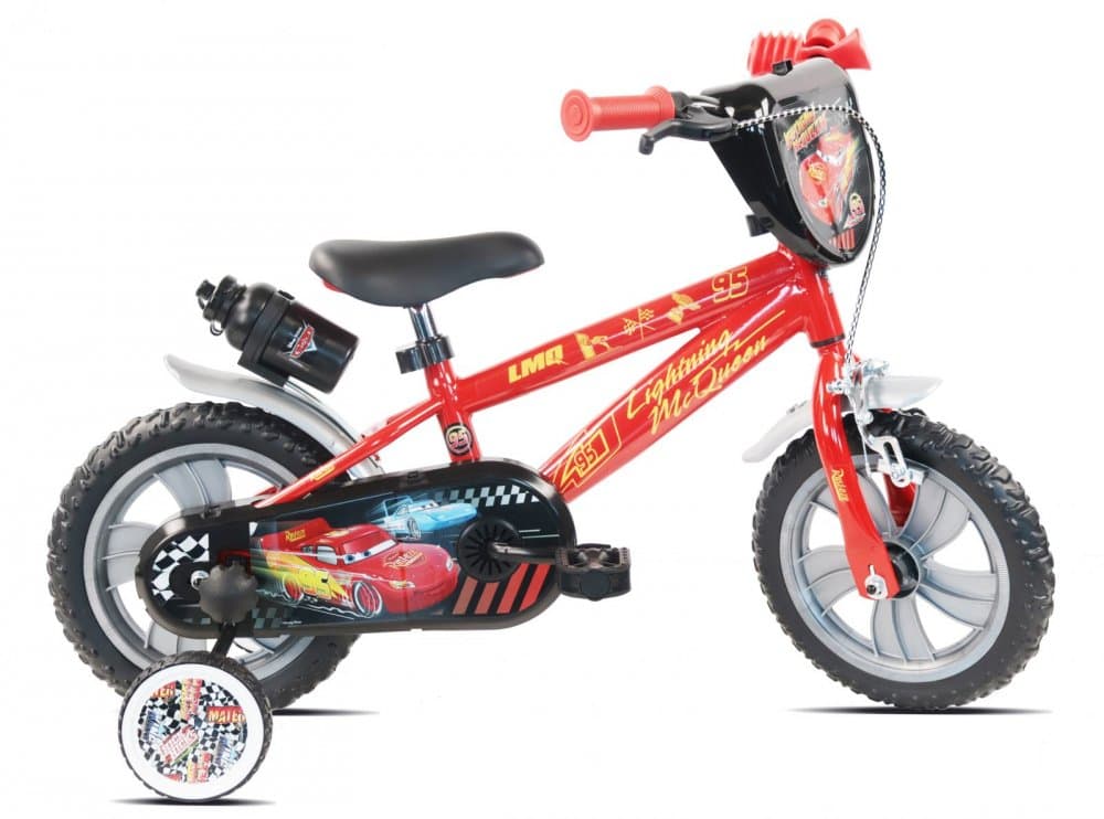 Bicicleta pentru copii Denver Disney Cars 12 inch, frana de mana pe ambele roti, claxon, aparatoare noroi fata si spate, roti cauciuc Eva