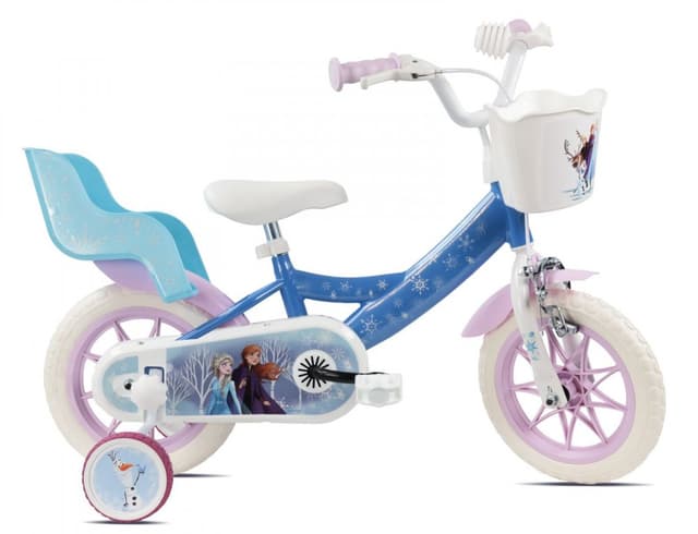 Bicicleta pentru copii Denver Disney Frozen 12 inch, frana de mana pe ambele roti, clopotel, roti ajutatoare detasabile, suport pentru papusi, cosulet transport pe ghidon