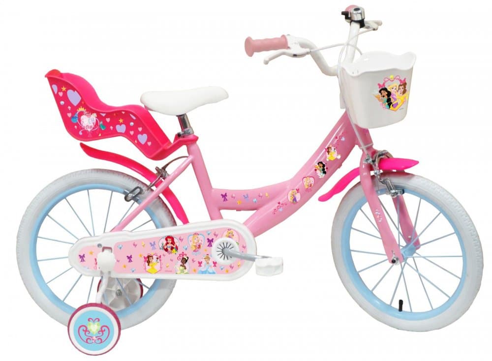 Bicicleta pentru copii Denver Minnie Cutest 12 inch, frana de mana pe ambele roti, clopotel, roti ajutatoare detasabile, suport pentru papusi