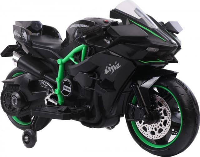 Motocicleta electrica pentru copii Novokids Ninja Premium Motocross Negru-Verde, viteza din maner, maxim 30 kg, melodii si lumini Led, bluetooth, roti ajutatoare