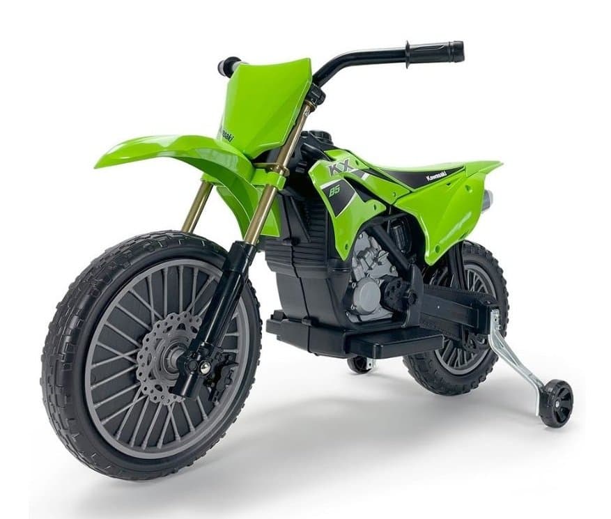 Motocicleta electrica pentru copii Injusa Kawasaki KX85 Verde, 12V, cu licenta, roti ajutatoare, tip cross, 3-5 ani