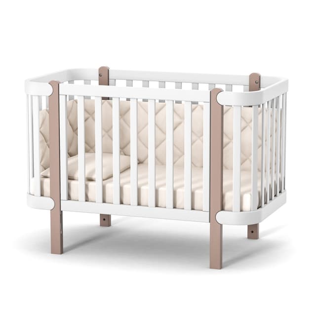 Patut din lemn masiv de fag LD5 Monaco pentru copii 0-4 ani, 120x60 cm, inaltimea saltelei reglabila in 4 nivele si laterala detasabila, bej-alb