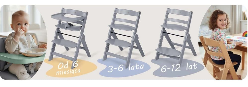 Scaun de masa evolutiv Nukido Nelo GriAlb din lemn natural,6 luni-12 ani (Max 50kg), tava detasabila si perna moale inclusa, inaltime reglabila in 6 trepte, centura de siguranta