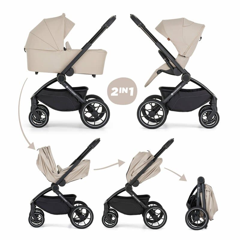 Carucior 2 in 1 pentru copii PetiteMars Scout Bej cu landou pliabil, reversibil, spatar si suport de picioare reglabile, maner ajustabil, accesorii, pana la 22 kg, 0 luni+