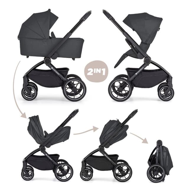 Carucior 2 in 1 pentru copii PetiteMars Scout Gri cu landou pliabil, reversibil, spatar si suport de picioare reglabile, maner ajustabil, accesorii, pana la 22 kg, 0 luni+