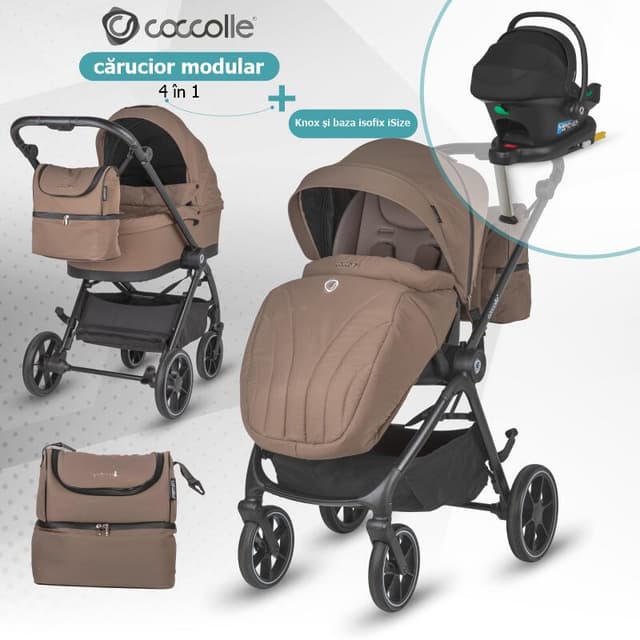 Carucior modular 4 in 1 pentru copii Coccolle Serry Light Taupe cu Scoica auto iSize Coccolle Knox Black si Baza isofix iSize Coccolle Knox