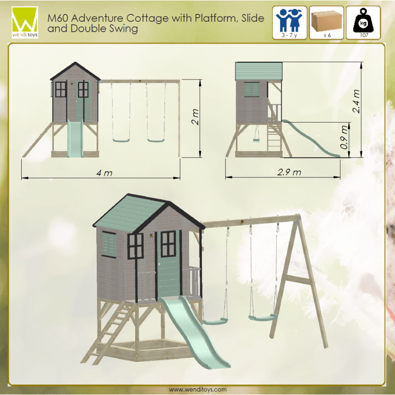 Casuta de gradina Pastel Pink Adventure Cottage cu platforma, tobogan si leagan dublu Wendi Toys