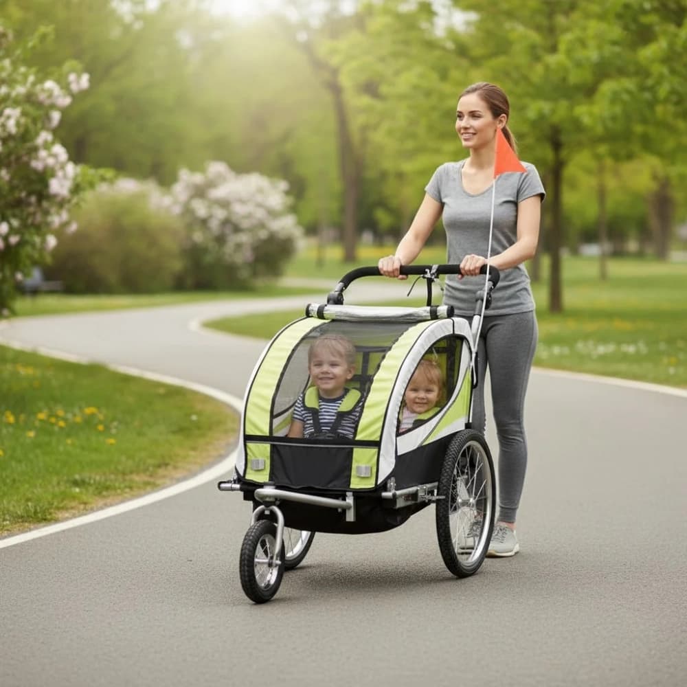 Remorca de bicicleta pentru transport copii, 2 locuri, sigura si confortabila, capacitate 40 kg